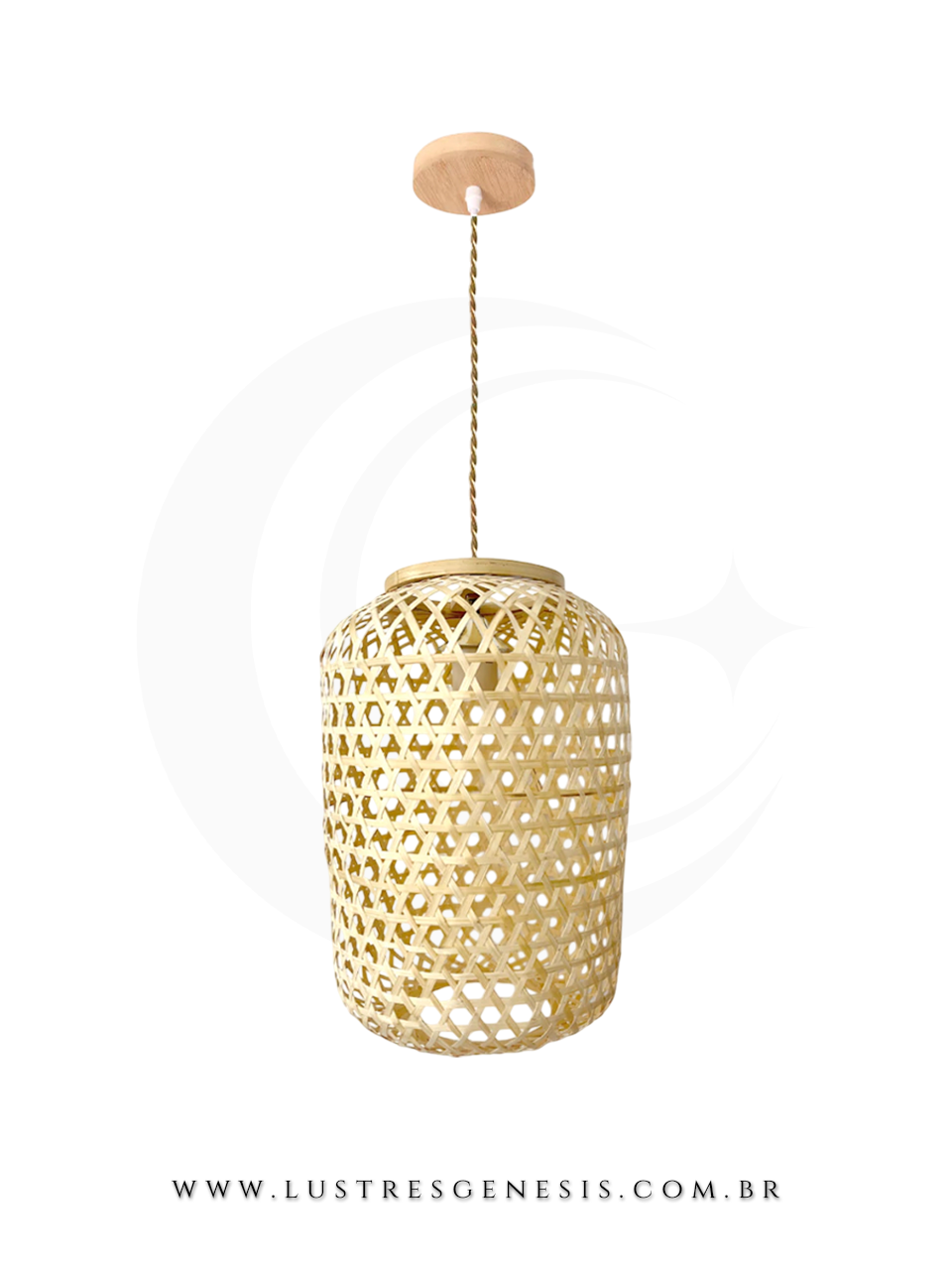 Luminária pendente de fibra de bambu e madeira, com design artesanal e formato cilíndrico, ideal para mesas, balcão de cozinha, área gourmet e sítios.